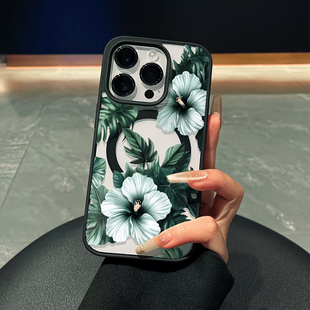 Clear Magsafe Case - Green Floral Print Phone Case For